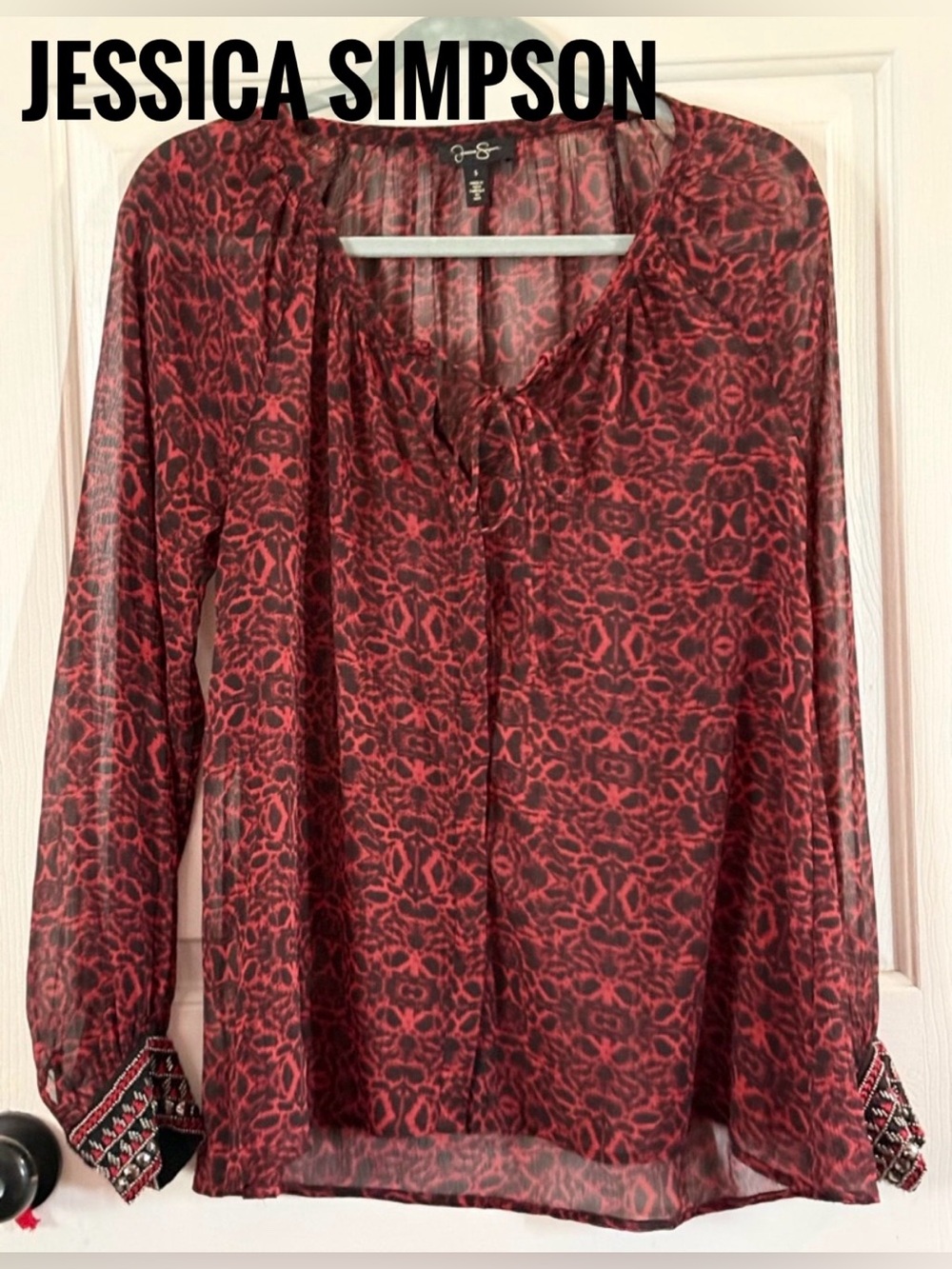 Jessica Simpson Red and Black Sheer Patterned Blouse